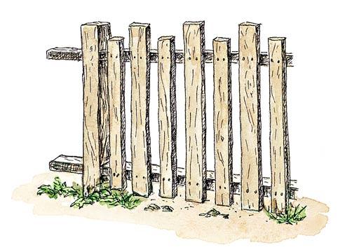 Ограда деревянная, забор из штакетника простой, рисунок
