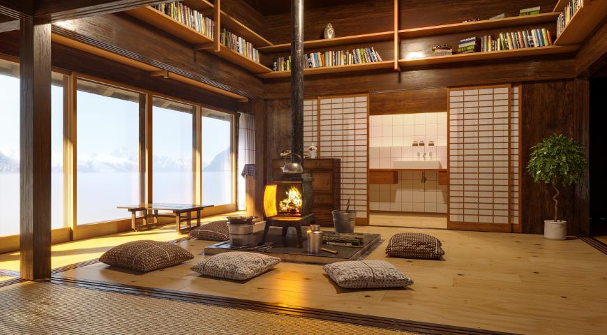 Интерьер дома в японском стиле с очагом, библиотекой и ванной комнатой