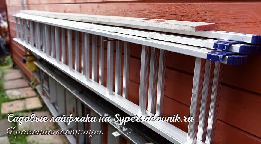 Простая и дешевая система хранения садовой лестницы на даче