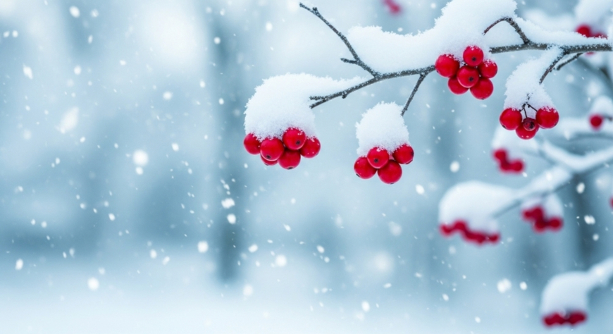 Заснеженная ветка рябины, зимние картины